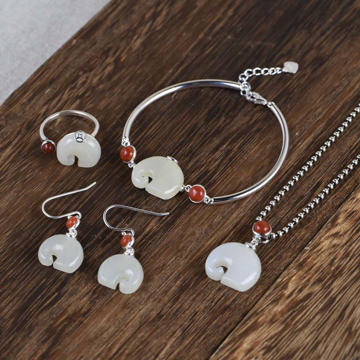 Buddha Stones 925 Sterling Silver Elephant Hetian Jade Abbondanza Collana Ciondolo Bracciale Anello Orecchini Set