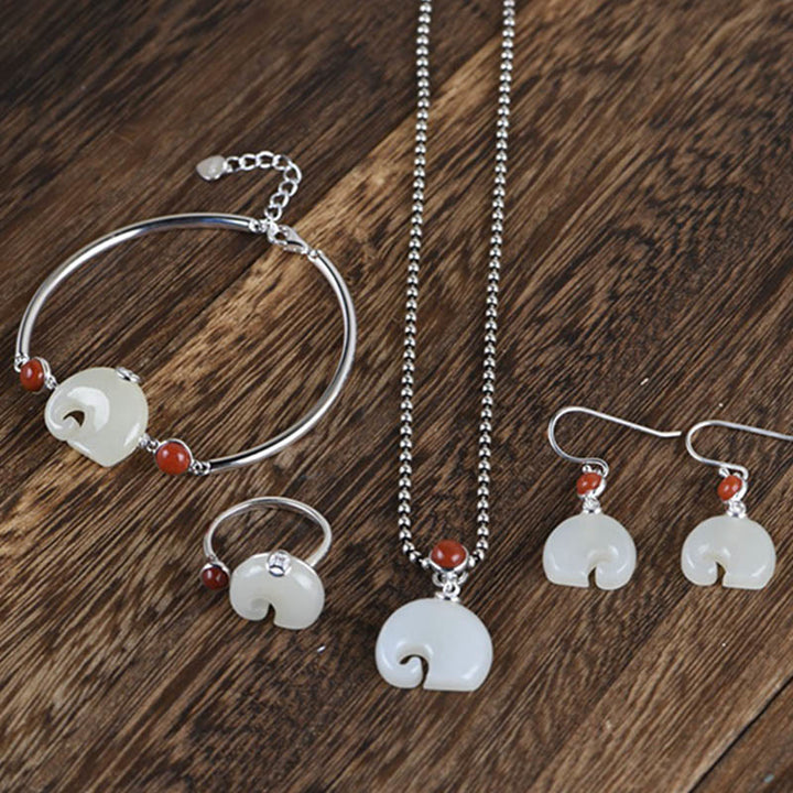 Buddha Stones 925 Sterling Silver Elephant Hetian Jade Abbondanza Collana Ciondolo Bracciale Anello Orecchini Set