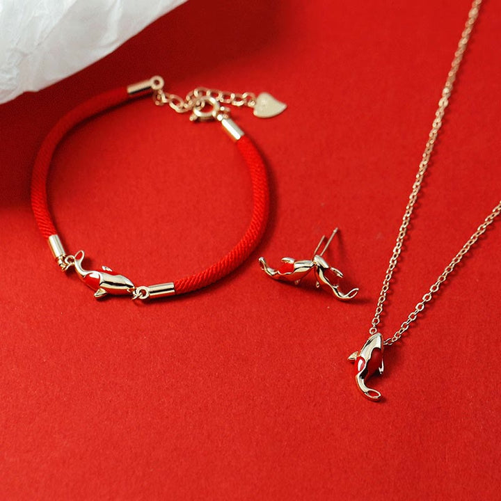 Buddha Stones Rame Koi Pesce Ricchezza Collana Pendente Corda Rossa Bracciale Orecchini Set