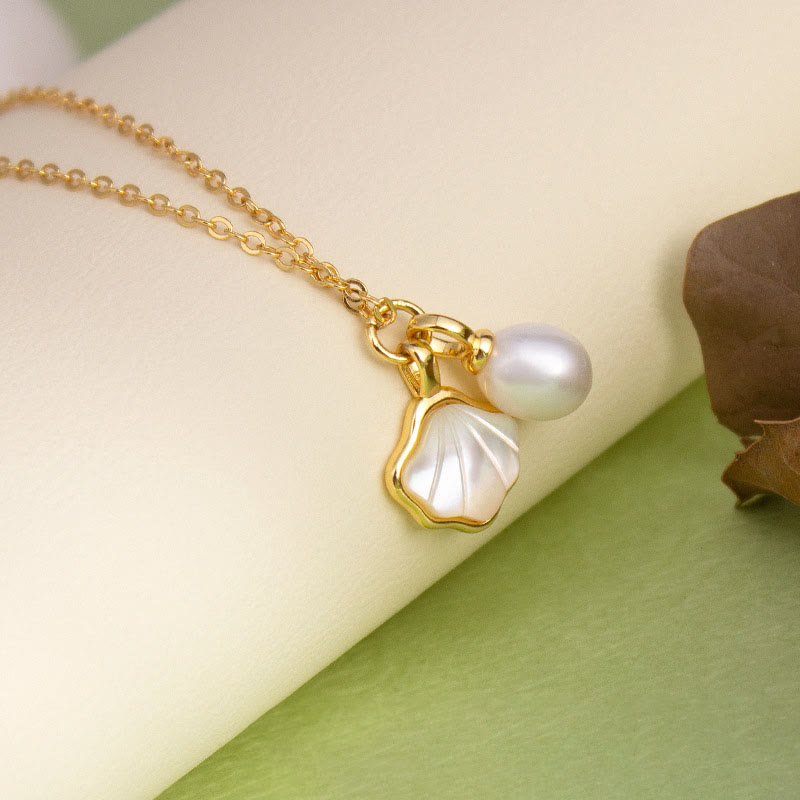 Buddha Stones Ginkgo Tridacna Pietra Perla Perlina Rame Benedizione Collana Ciondolo Anello Orecchini Set - Collana - image 4