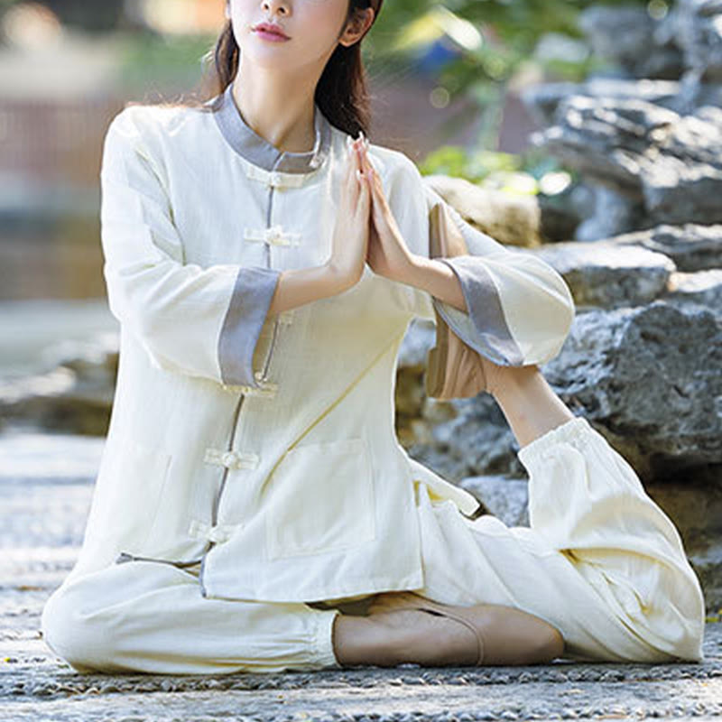 Buddha Stones 2 pezzi rana-bottoni manica lunga camicia top pantaloni meditazione zen tai chi cotone lino abbigliamento donna set - image 1