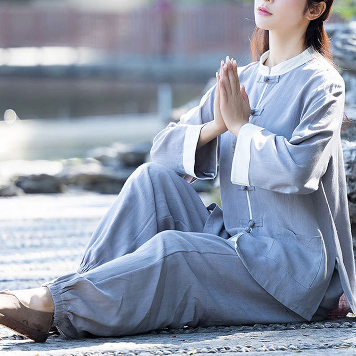 Buddha Stones 2 pezzi rana-bottoni manica lunga camicia top pantaloni meditazione zen tai chi cotone lino abbigliamento donna set - image 7