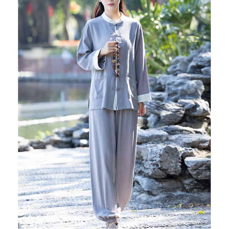 Buddha Stones 2 pezzi rana-bottoni manica lunga camicia top pantaloni meditazione zen tai chi cotone lino abbigliamento donna set - image 8