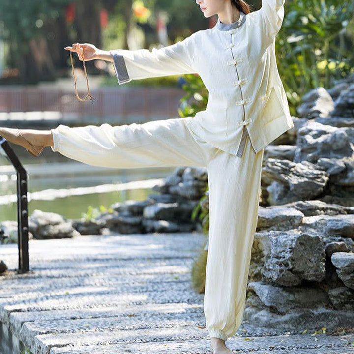 Buddha Stones 2 pezzi rana-bottoni manica lunga camicia top pantaloni meditazione zen tai chi cotone lino abbigliamento donna set - image 3