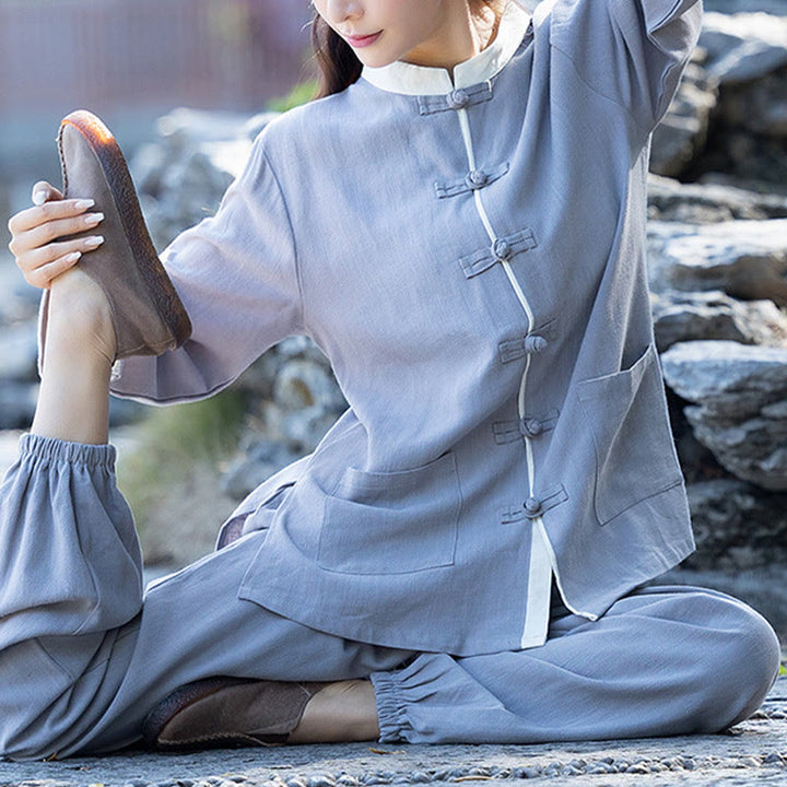 Buddha Stones 2 pezzi rana-bottoni manica lunga camicia top pantaloni meditazione zen tai chi cotone lino abbigliamento donna set - image 6