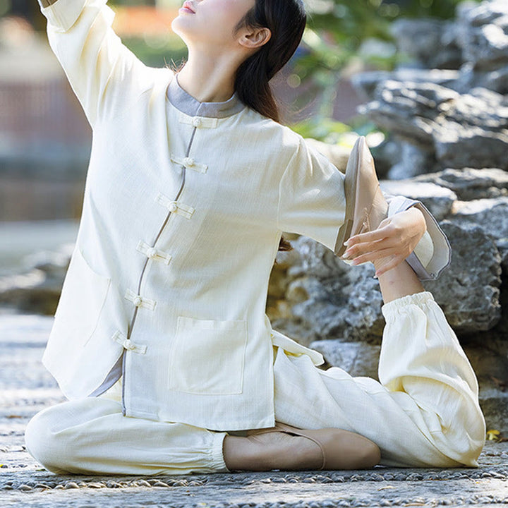 Buddha Stones 2 pezzi rana-bottoni manica lunga camicia top pantaloni meditazione zen tai chi cotone lino abbigliamento donna set - image 2