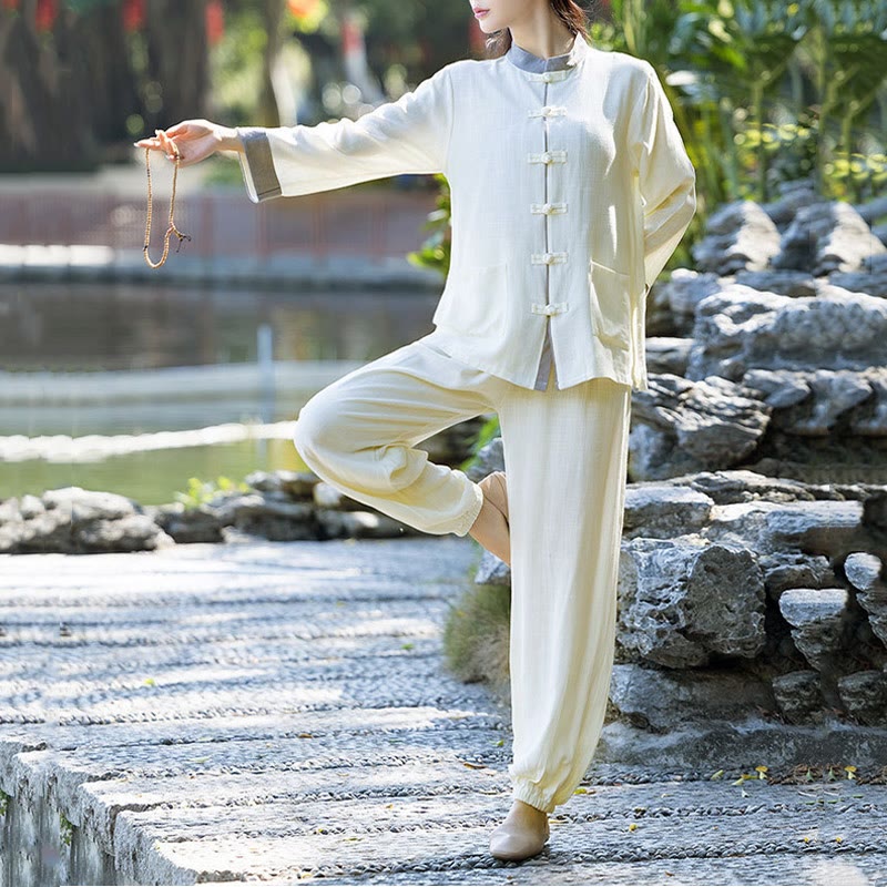 Buddha Stones 2 pezzi rana-bottoni manica lunga camicia top pantaloni meditazione zen tai chi cotone lino abbigliamento donna set - Beige (Top e pantaloni) - US8-10, UK/AU12-14, EU40-42 (2XL) - image 0