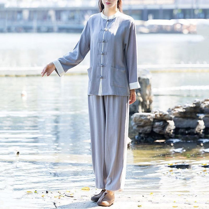 Buddha Stones 2 pezzi rana-bottoni manica lunga camicia top pantaloni meditazione zen tai chi cotone lino abbigliamento donna set - Grigio (top e pantaloni) - US8-10, UK/AU12-14, EU40-42 (2XL) - image 5