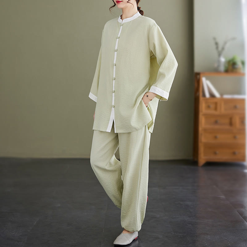 Buddha Stones 2 pezzi vintage camicia a maniche lunghe top pantaloni meditazione zen tai chi cotone lino abbigliamento donna set