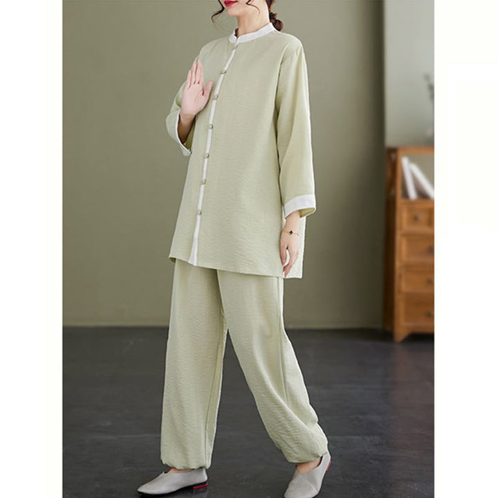 Buddha Stones 2 pezzi vintage camicia a maniche lunghe top pantaloni meditazione zen tai chi cotone lino abbigliamento donna set