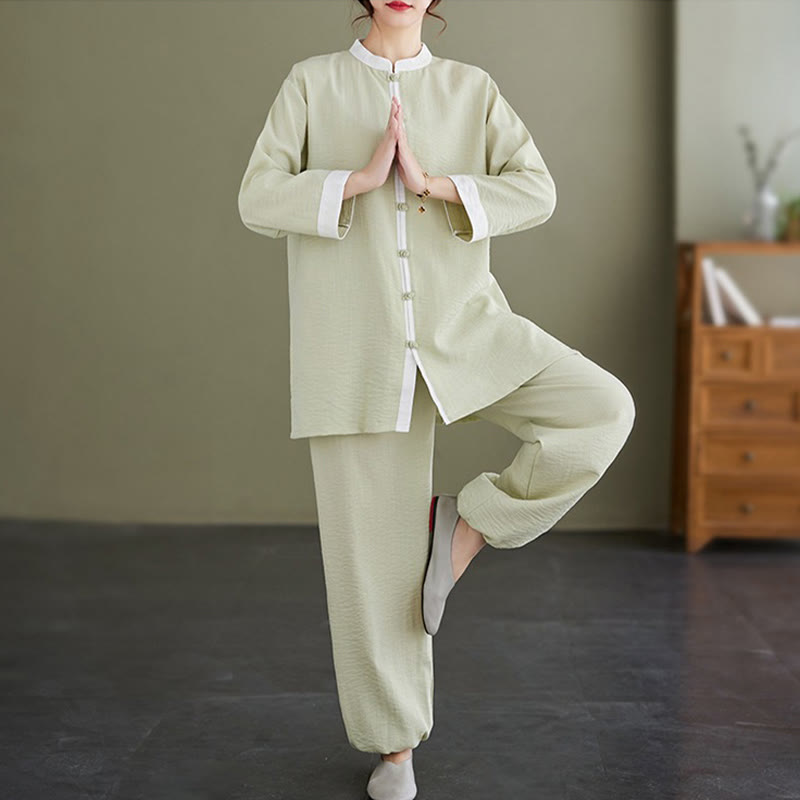 Buddha Stones 2 pezzi vintage camicia a maniche lunghe top pantaloni meditazione zen tai chi cotone lino abbigliamento donna set