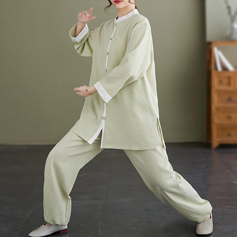 Buddha Stones 2 pezzi vintage camicia a maniche lunghe top pantaloni meditazione zen tai chi cotone lino abbigliamento donna set