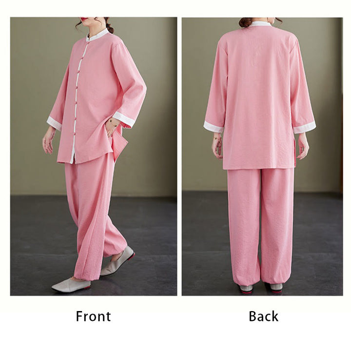 Buddha Stones 2 pezzi vintage camicia a maniche lunghe top pantaloni meditazione zen tai chi cotone lino abbigliamento donna set