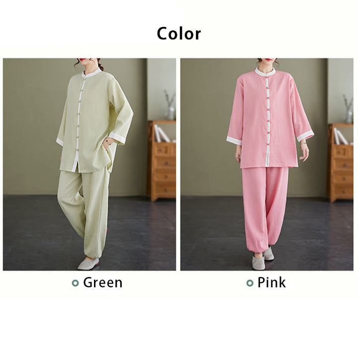 Buddha Stones 2 pezzi vintage camicia a maniche lunghe top pantaloni meditazione zen tai chi cotone lino abbigliamento donna set