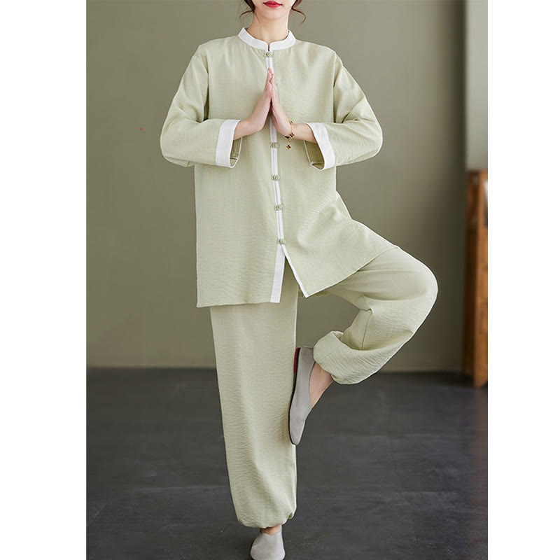 Buddha Stones 2 pezzi vintage camicia a maniche lunghe top pantaloni meditazione zen tai chi cotone lino abbigliamento donna set