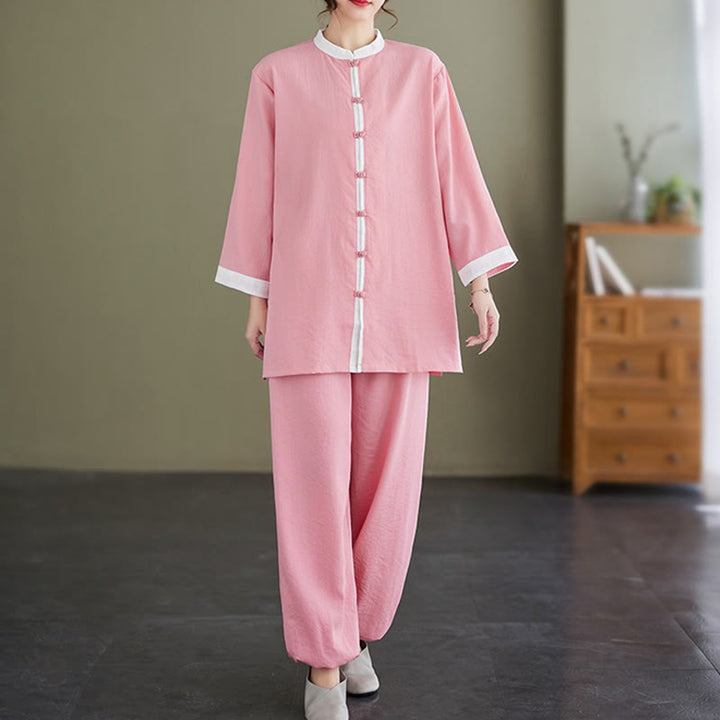 Buddha Stones 2 pezzi vintage camicia a maniche lunghe top pantaloni meditazione zen tai chi cotone lino abbigliamento donna set