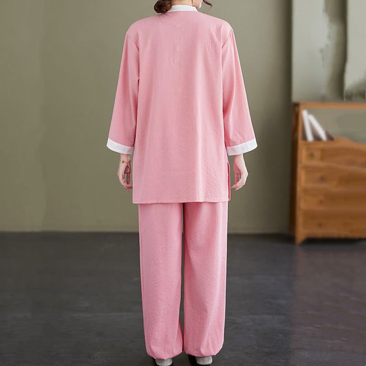 Buddha Stones 2 pezzi vintage camicia a maniche lunghe top pantaloni meditazione zen tai chi cotone lino abbigliamento donna set