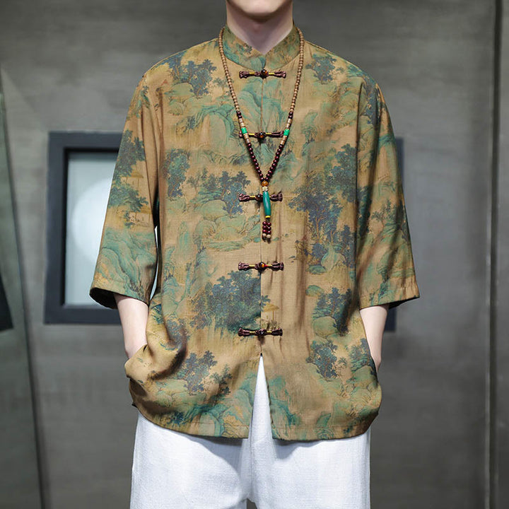 Maglietta da uomo con maniche a tre quarti, motivo cinese con paesaggio Buddha Stones drago cinese - Paesaggio (solo in alto) - US/UK/AU46, EU56 (5XL)  - image 0