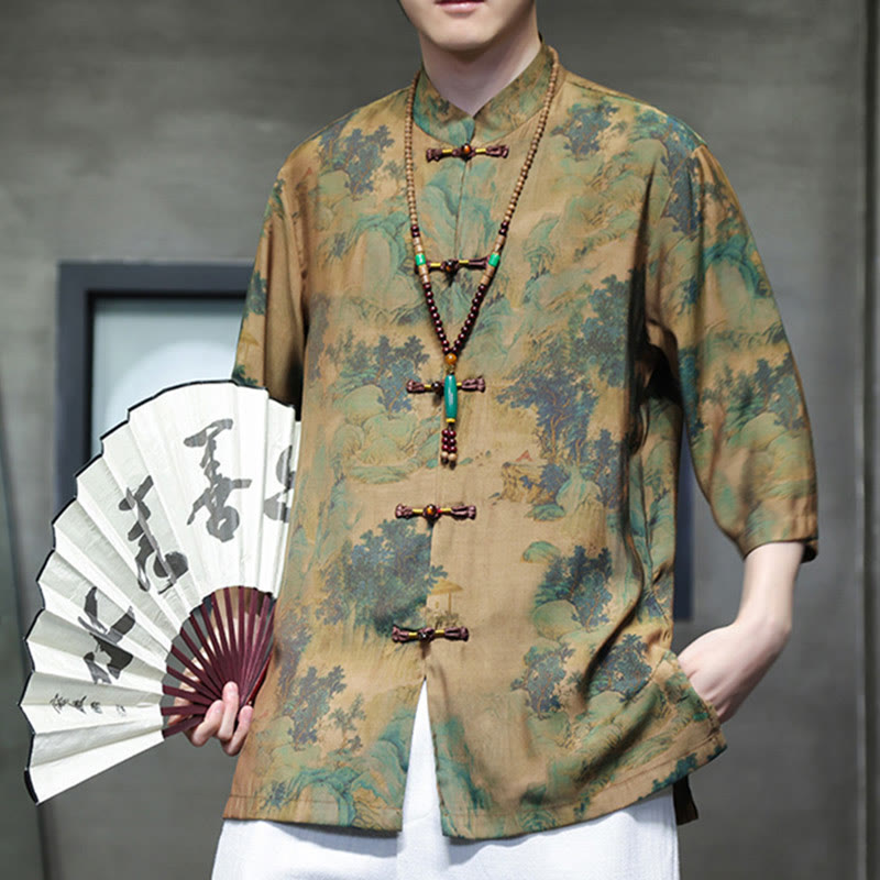 Maglietta da uomo con maniche a tre quarti, motivo cinese con paesaggio Buddha Stones drago cinese - image 3