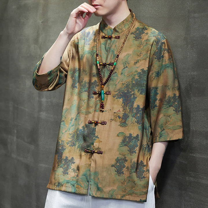 Maglietta da uomo con maniche a tre quarti, motivo cinese con paesaggio Buddha Stones drago cinese - image 4