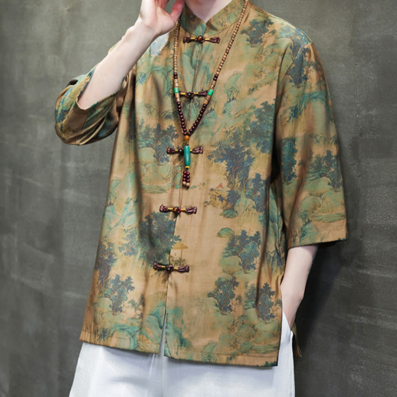 Maglietta da uomo con maniche a tre quarti, motivo cinese con paesaggio Buddha Stones drago cinese - image 1