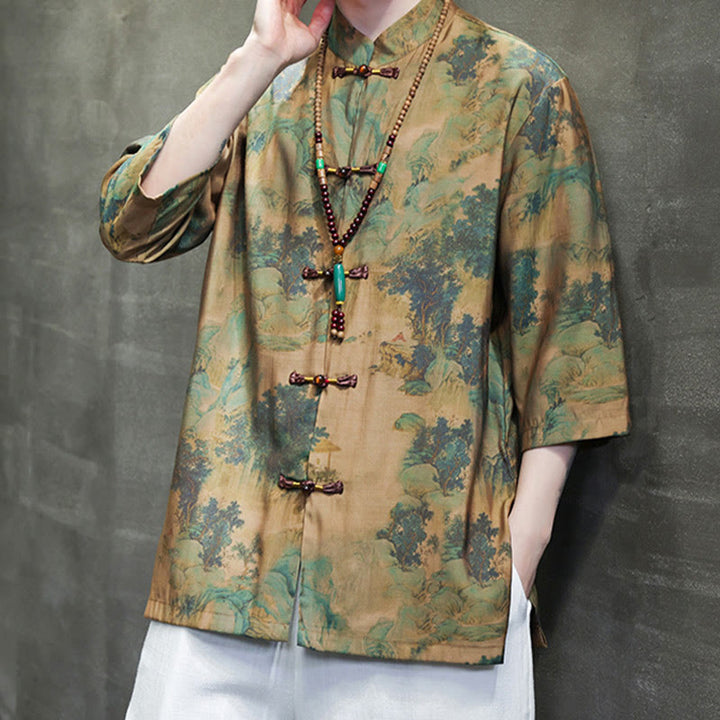 Maglietta da uomo con maniche a tre quarti, motivo cinese con paesaggio Buddha Stones drago cinese - image 1