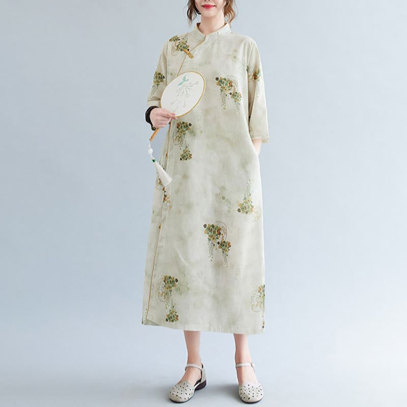 Abito midi cheongsam con stampa di Buddha Stones, con maniche a tre quarti e tasche - 2XL(Busto 114 cm/Spalla 43 cm/Lunghezza 118 cm) - image 0
