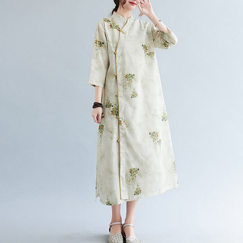 Abito midi cheongsam con stampa di Buddha Stones, con maniche a tre quarti e tasche - image 1