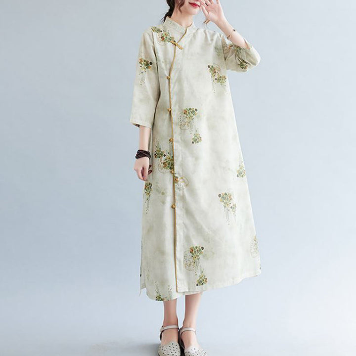 Abito midi cheongsam con stampa di Buddha Stones, con maniche a tre quarti e tasche - image 1