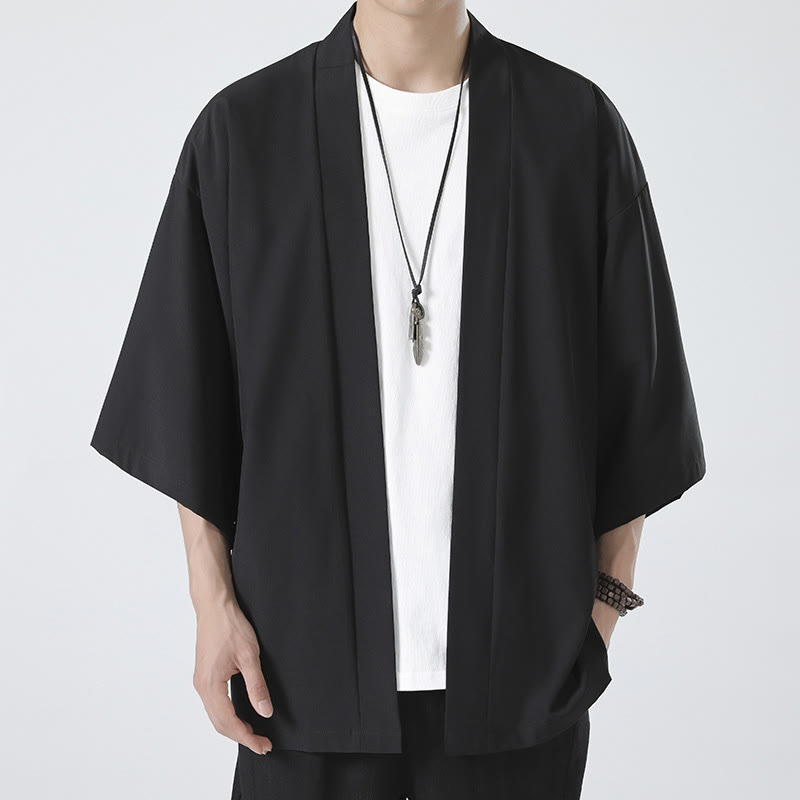 Kimono da uomo a tinta unita con apertura frontale e motivo Buddha Stones. - image 5
