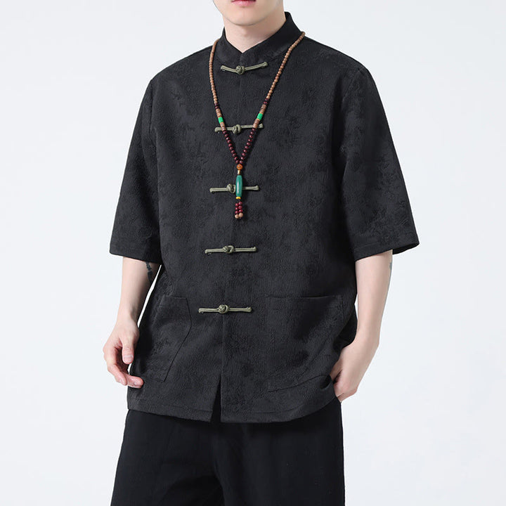 Maglietta da uomo a mezza manica cinese con bottoni a rana in jacquard tinta unita Buddha Stones
