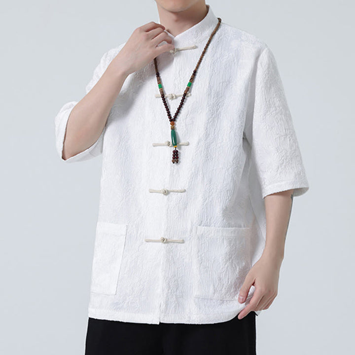 Maglietta da uomo a mezza manica cinese con bottoni a rana in jacquard tinta unita Buddha Stones