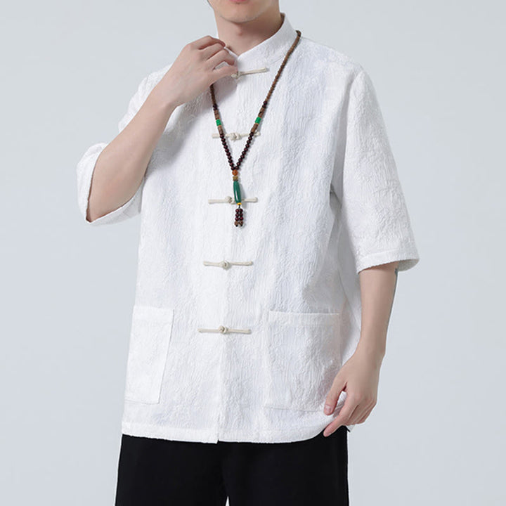 Maglietta da uomo a mezza manica cinese con bottoni a rana in jacquard tinta unita Buddha Stones
