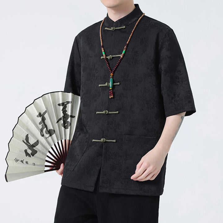 Maglietta da uomo a mezza manica cinese con bottoni a rana in jacquard tinta unita Buddha Stones