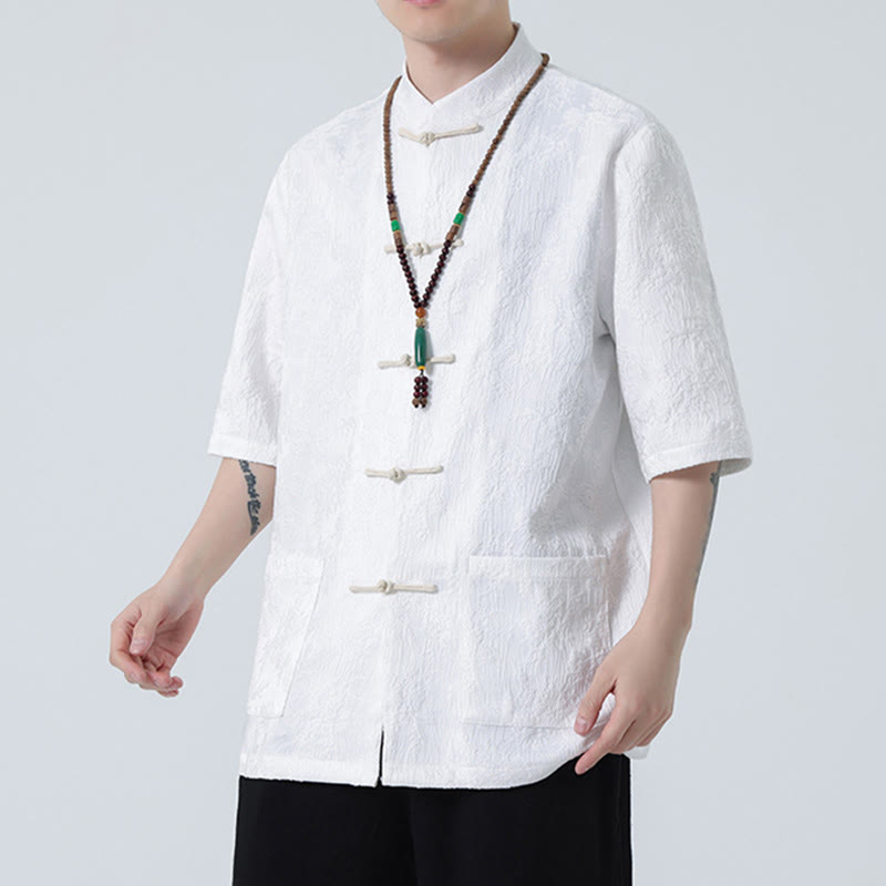 Maglietta da uomo a mezza manica cinese con bottoni a rana in jacquard tinta unita Buddha Stones