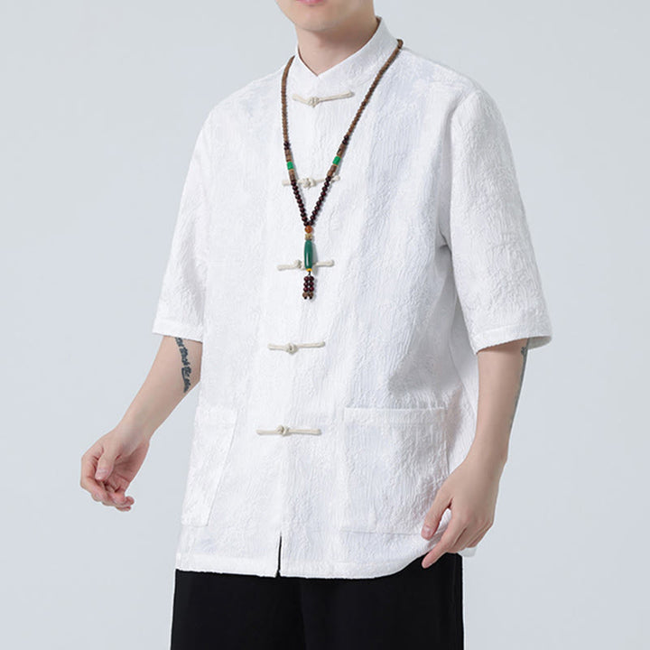 Maglietta da uomo a mezza manica cinese con bottoni a rana in jacquard tinta unita Buddha Stones