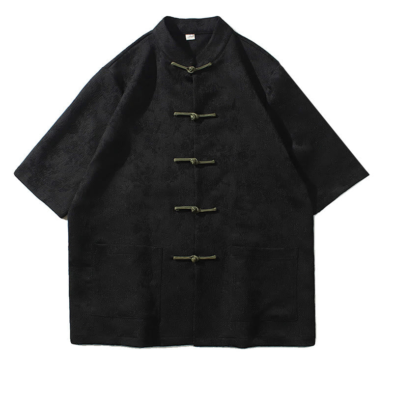 Maglietta da uomo a mezza manica cinese con bottoni a rana in jacquard tinta unita Buddha Stones