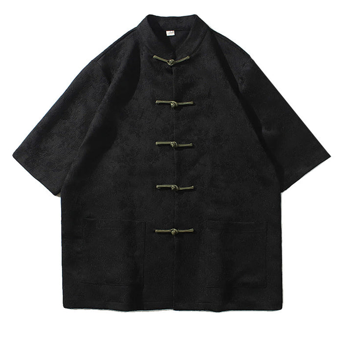 Maglietta da uomo a mezza manica cinese con bottoni a rana in jacquard tinta unita Buddha Stones