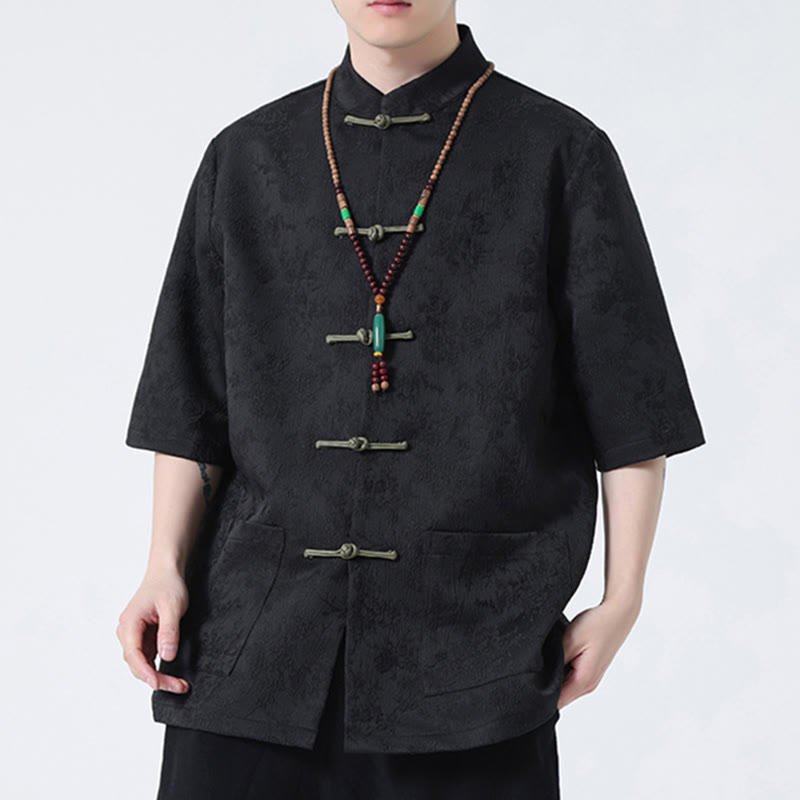 Maglietta da uomo a mezza manica cinese con bottoni a rana in jacquard tinta unita Buddha Stones