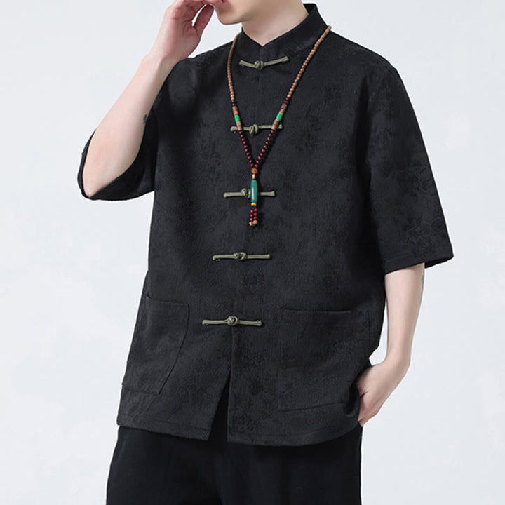 Maglietta da uomo a mezza manica cinese con bottoni a rana in jacquard tinta unita Buddha Stones