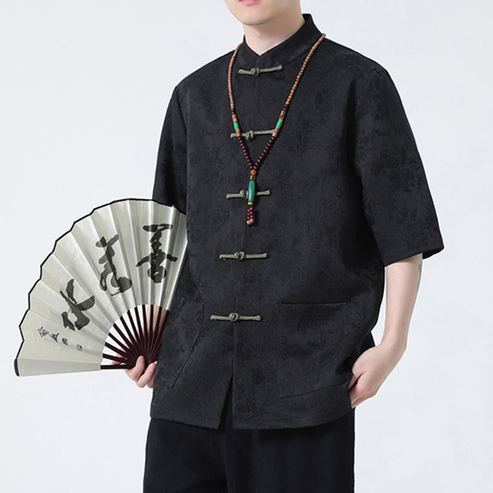 Maglietta da uomo a mezza manica cinese con bottoni a rana in jacquard tinta unita Buddha Stones