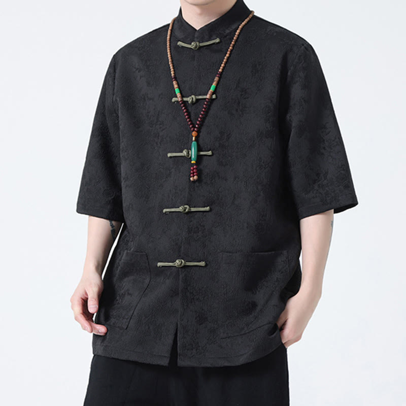 Maglietta da uomo a mezza manica cinese con bottoni a rana in jacquard tinta unita Buddha Stones