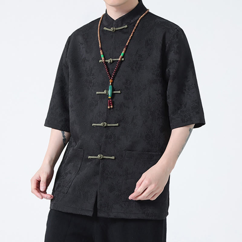 Maglietta da uomo a mezza manica cinese con bottoni a rana in jacquard tinta unita Buddha Stones