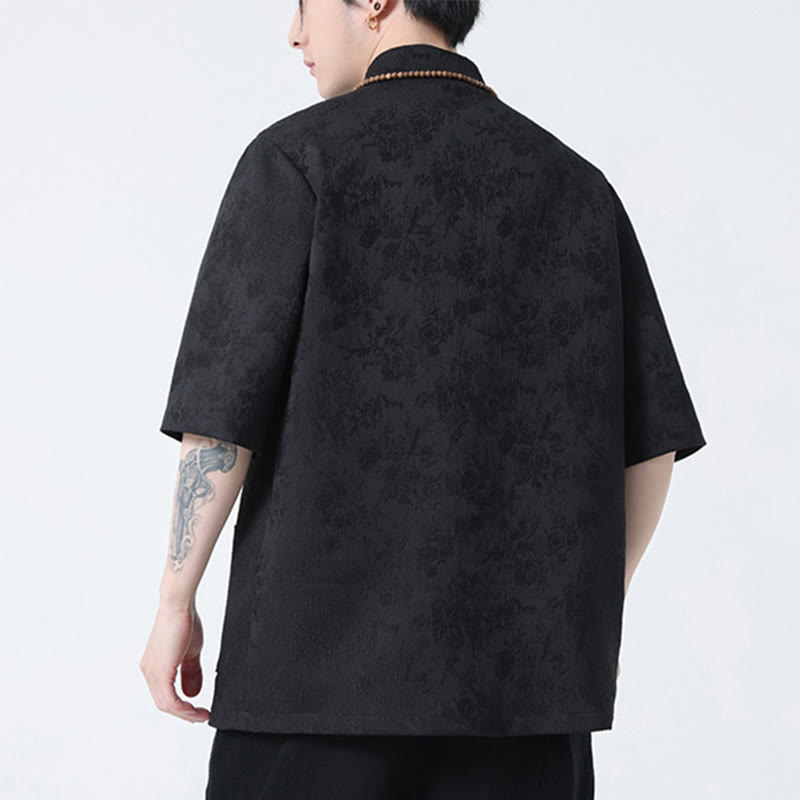 Maglietta da uomo a mezza manica cinese con bottoni a rana in jacquard tinta unita Buddha Stones