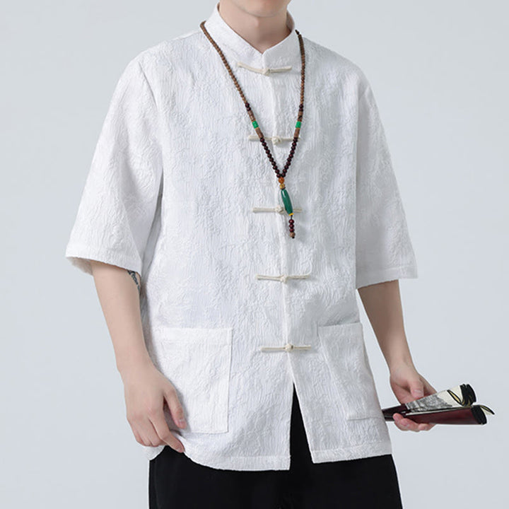 Maglietta da uomo a mezza manica cinese con bottoni a rana in jacquard tinta unita Buddha Stones