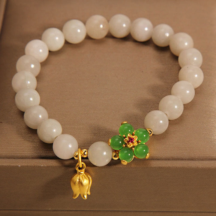 Braccialetto portafortuna con fiore di giada verde naturale Buddha Stones Mughetto