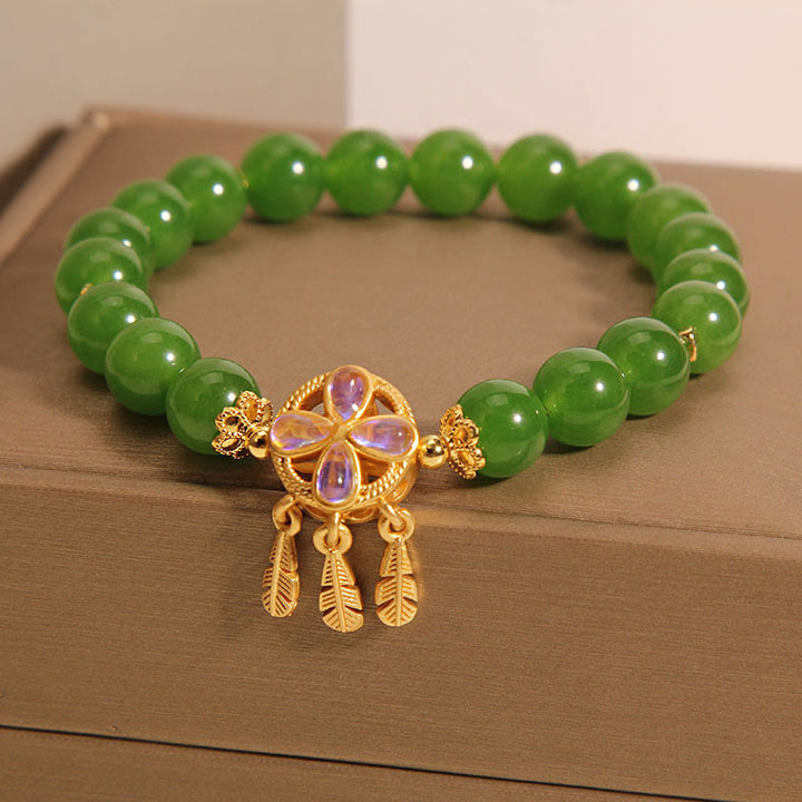 Braccialetto portafortuna con acchiappasogni in giada verde Buddha Stones e quadrifoglio
