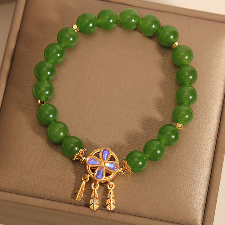 Braccialetto portafortuna con acchiappasogni in giada verde Buddha Stones e quadrifoglio