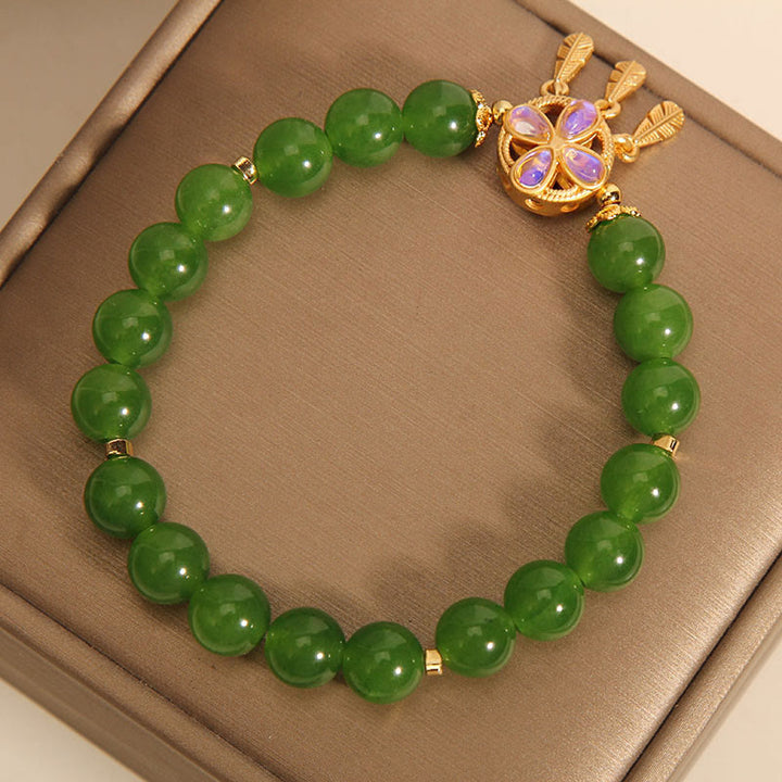 Braccialetto portafortuna con acchiappasogni in giada verde Buddha Stones e quadrifoglio