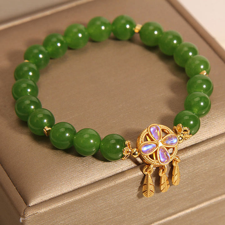 Braccialetto portafortuna con acchiappasogni in giada verde Buddha Stones e quadrifoglio